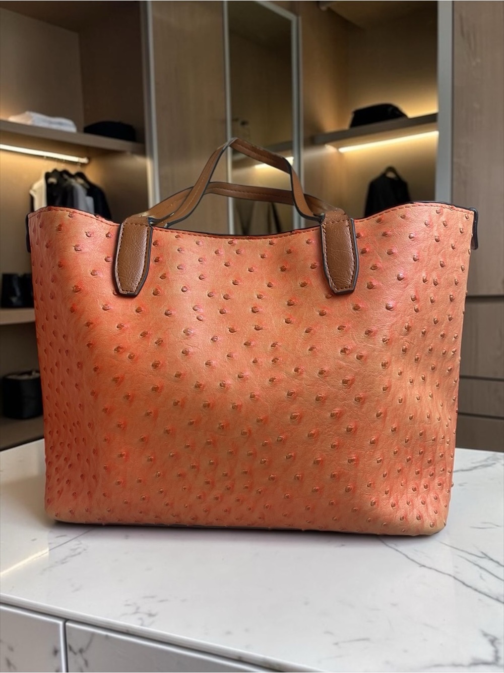 Orange Ostrich Embossed Leather Tote Bag Shoulder Purse Brown Handles